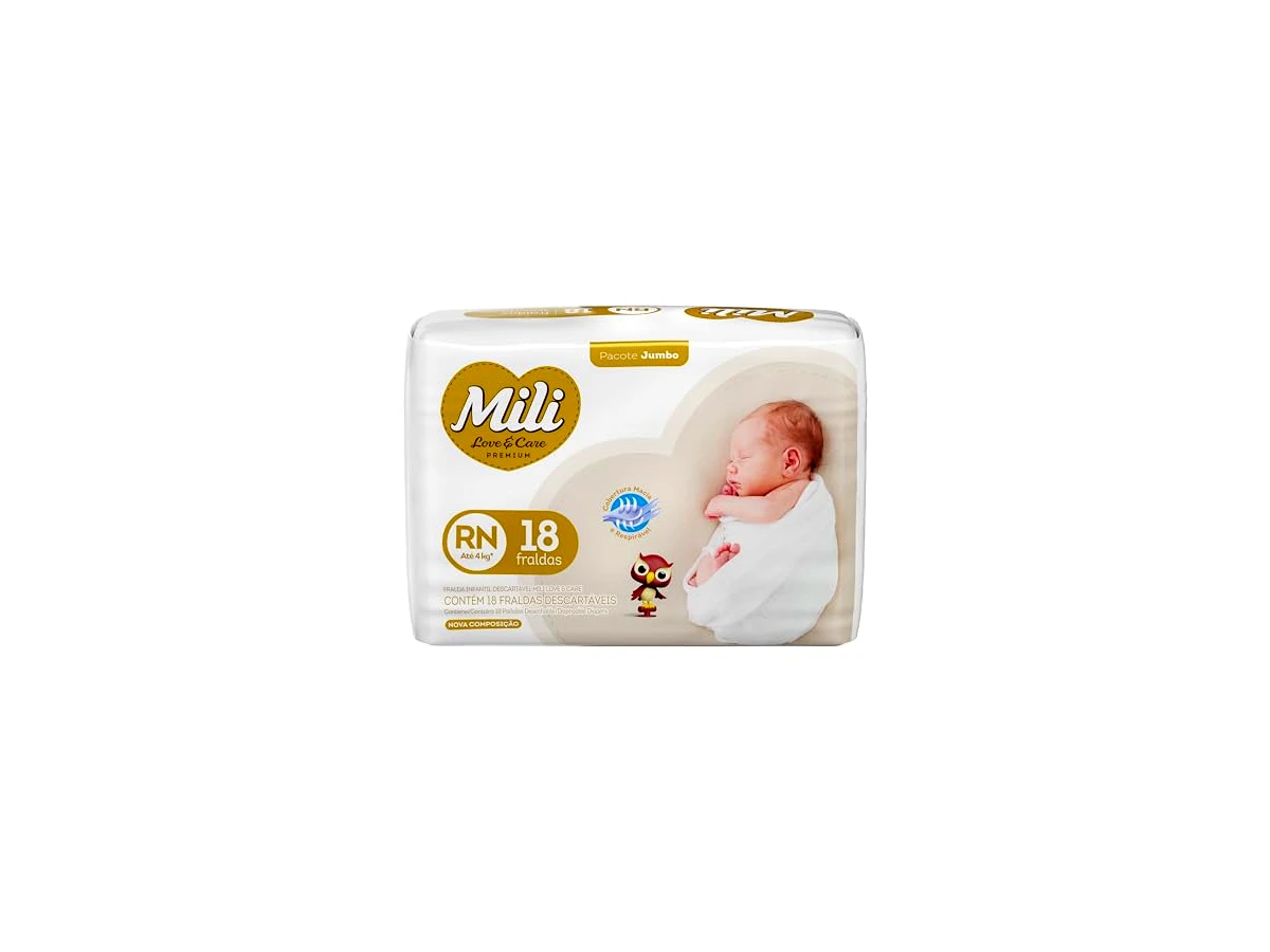 Mili Fralda Infantil Love & Care Recém Nascido RN, 18 Unidades